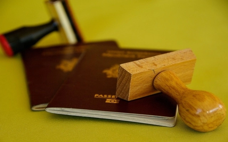 Two passports with wooden rubber stamps placed on top, on a green surface.