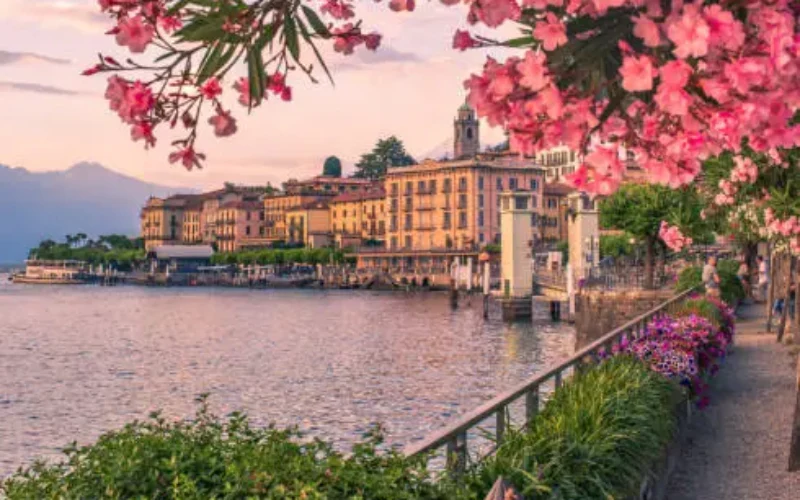 Scenic waterfront view of an Italian town in spring, with blooming pink flowers and historic buildings along the lake