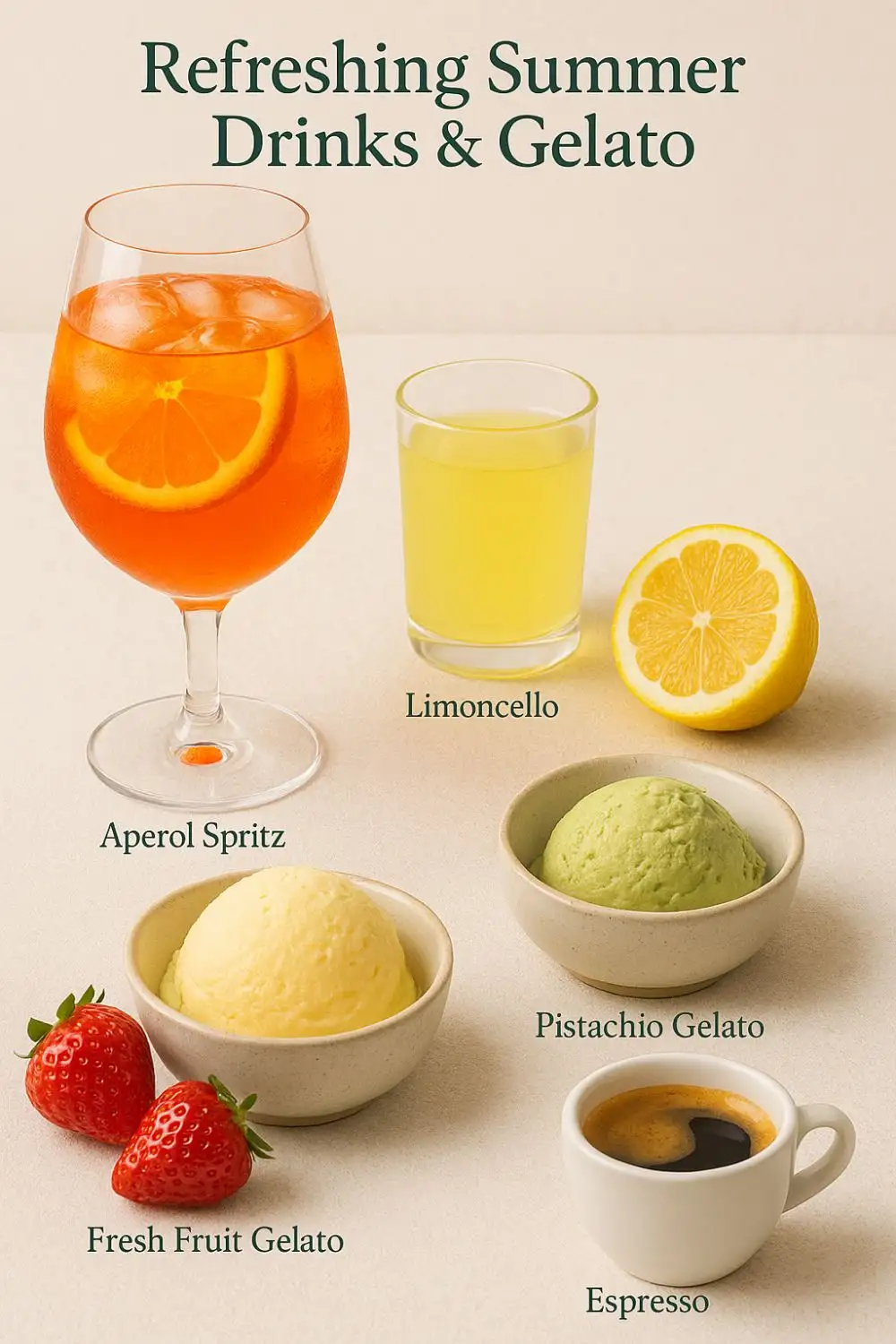 Italian summer treats including Aperol Spritz, Limoncello, gelato, and espresso