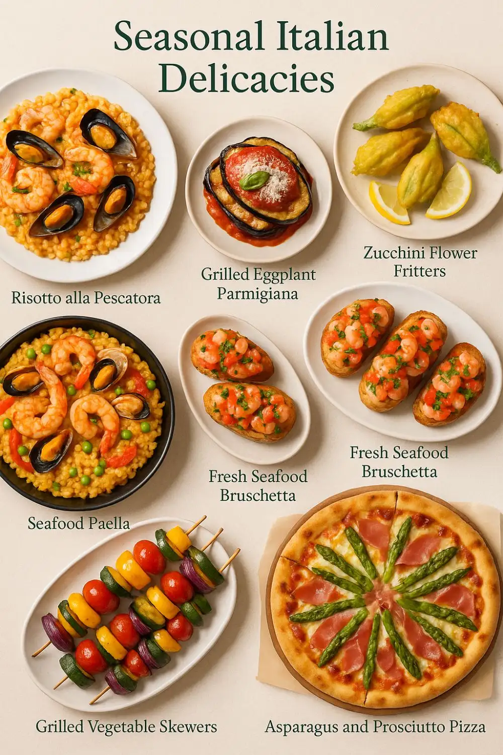 Seasonal Italian dishes like risotto, eggplant parmigiana, and seafood paella