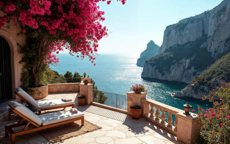 Terrace with sea view and pink flowers
