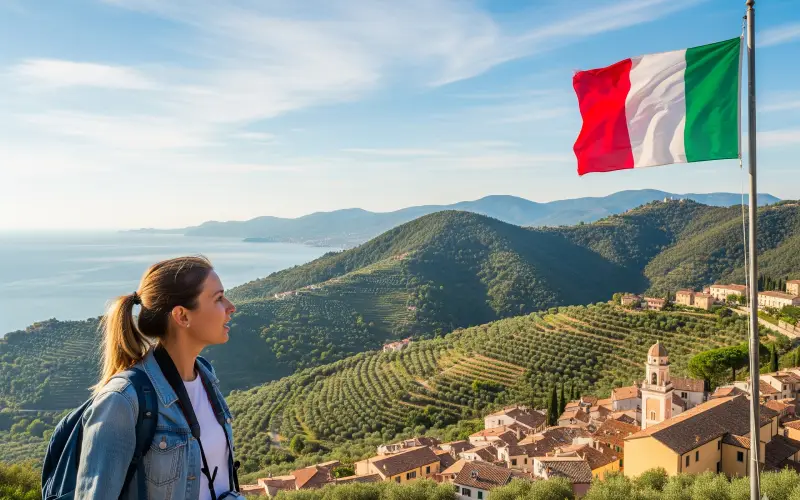Traveler looking at Italian flag with scenic hillside view in Italy