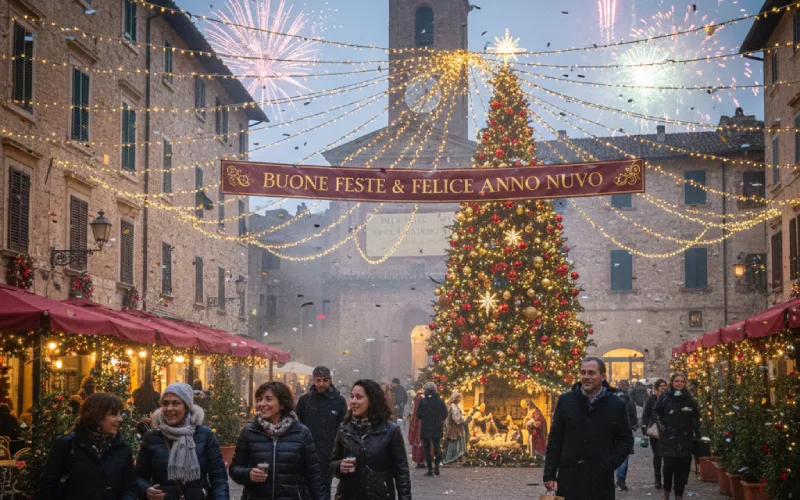 Italian Christmas market with fireworks and crowds