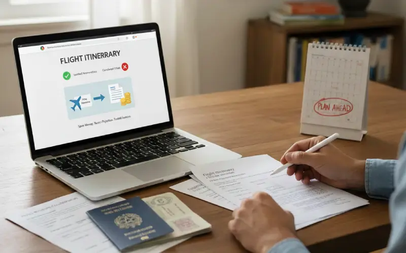 flight itinerary on laptop