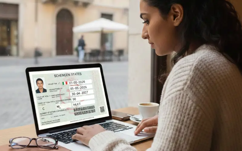 Traveler reviewing Schengen visa validity and stay duration on laptop screen